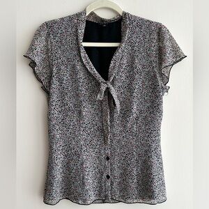 Nine West Floral Button Down Blouse, Multicolor Ribbon Tie Top, Size 6